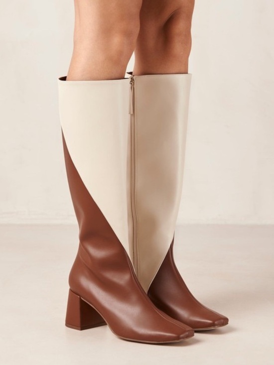 ALOHAS Shoes - Alohas Two-Tone Brown and Cream Knee-High Block Heel Boots - Women's